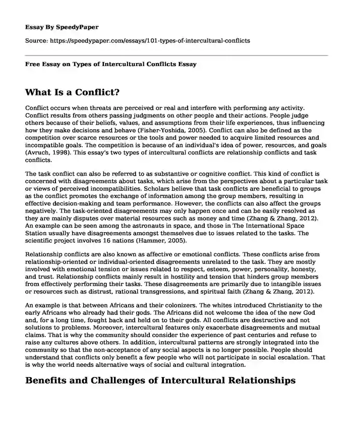 Free Essay on Types of Intercultural Conflicts