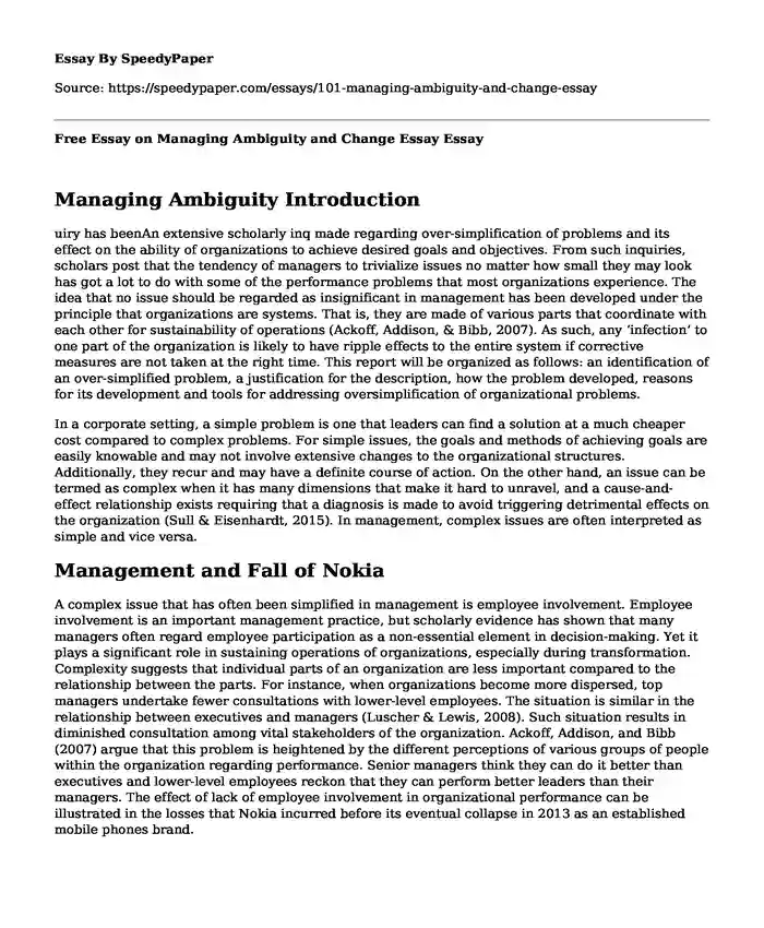 Free Essay on Managing Ambiguity and Change Essay
