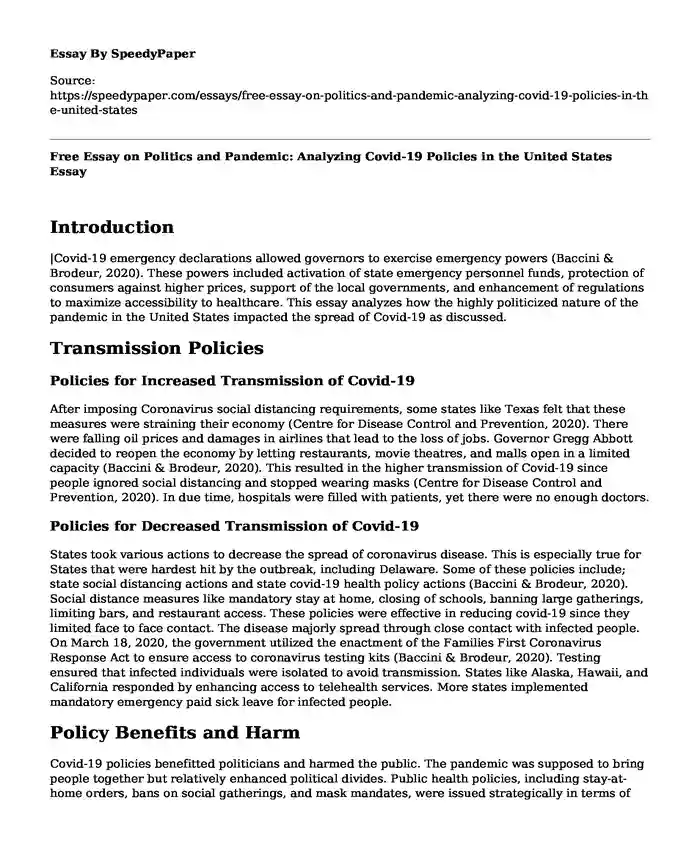 Free Essay on Politics and Pandemic: Analyzing Covid-19 Policies in the United States