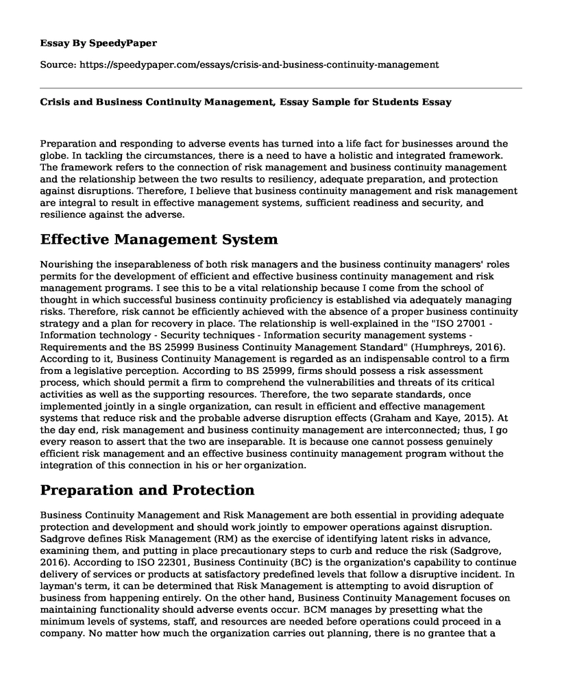Crisis and Business Continuity Management, Essay Sample for Students