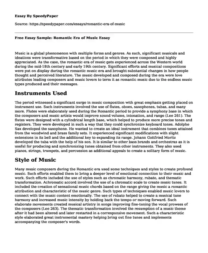 Free Essay Sample: Romantic Era of Music