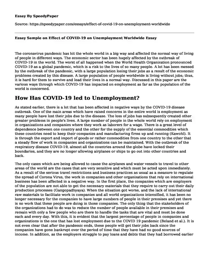 Essay Sample on Effect of COVID-19 on Unemployment Worldwide