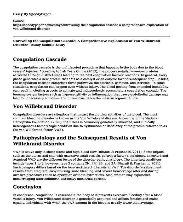 Unraveling the Coagulation Cascade: A Comprehensive Exploration of Von Willebrand Disorder - Essay Sample