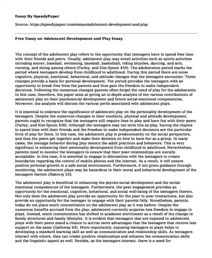 Free Essay on Adolescent Development and Play