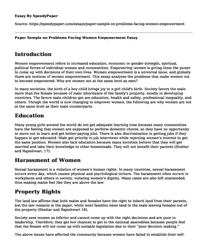 Paper Sample on Problems Facing Women Empowerment