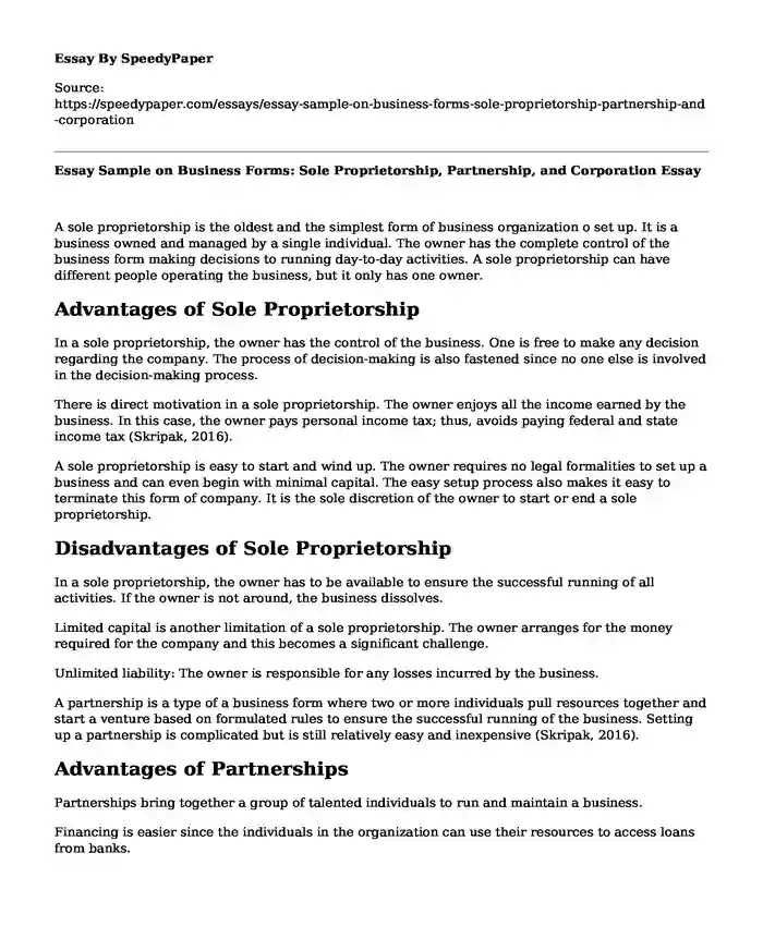 Essay Sample on Business Forms: Sole Proprietorship, Partnership, and Corporation