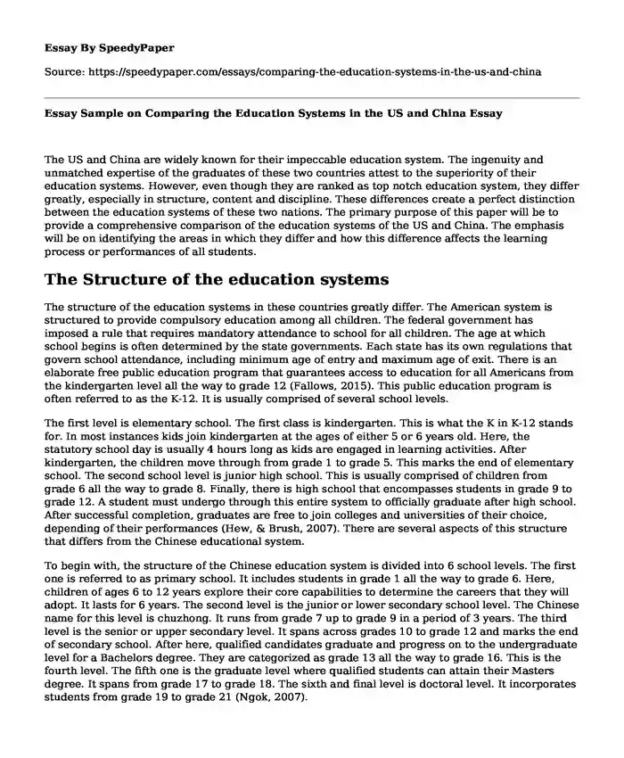 Essay Sample on Comparing the Education Systems in the US and China