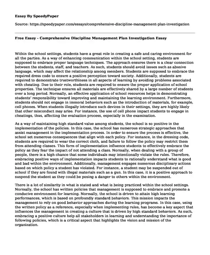 Free Essay - Comprehensive Discipline Management Plan Investigation