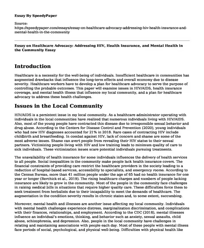 Essay on Healthcare Advocacy: Addressing HIV, Health Insurance, and Mental Health in the Community