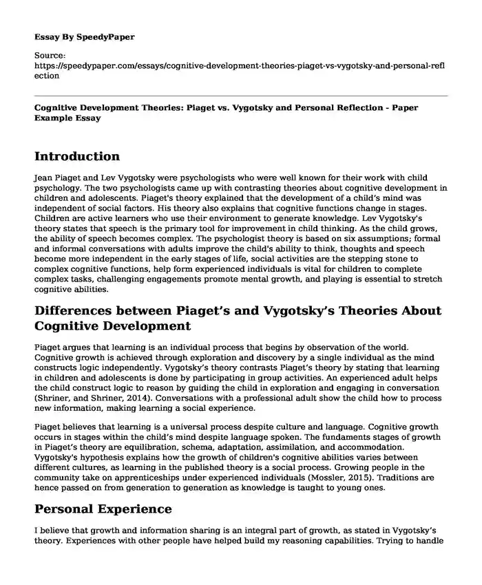 Cognitive Development Theories: Piaget vs. Vygotsky and Personal Reflection - Paper Example