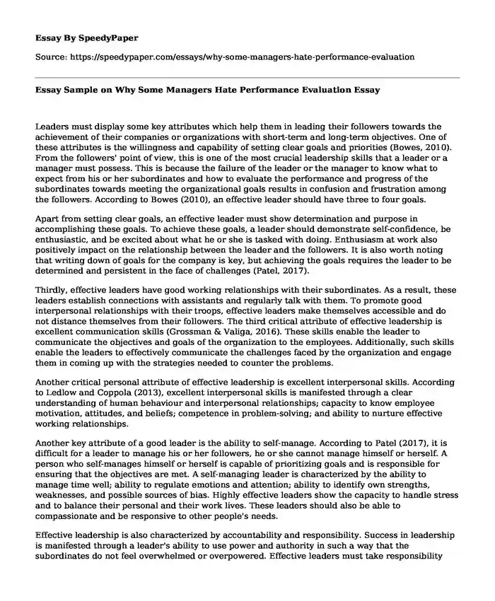 Essay Sample on Why Some Managers Hate Performance Evaluation