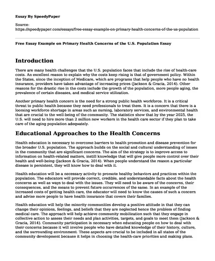 Free Essay Example on Primary Health Concerns of the U.S. Population