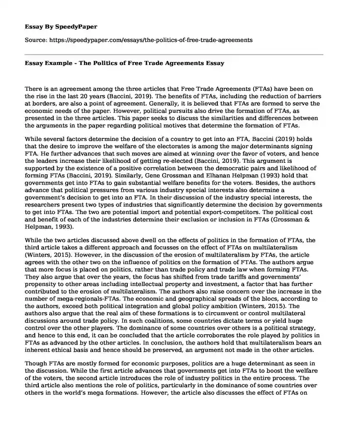 Essay Example - The Politics of Free Trade Agreements