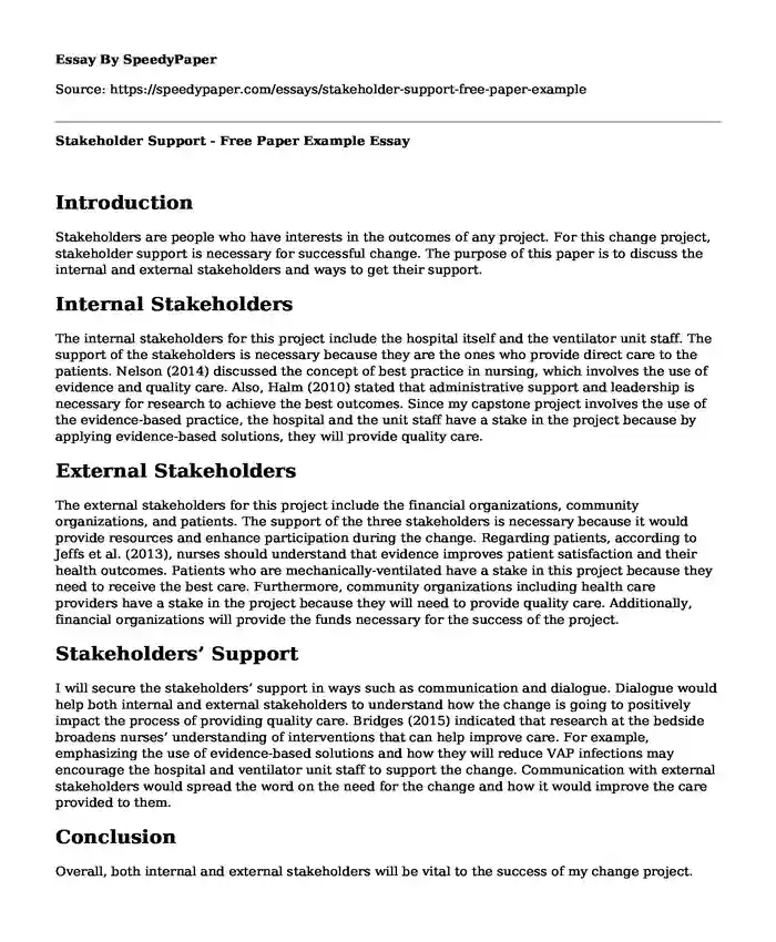 Stakeholder Support - Free Paper Example