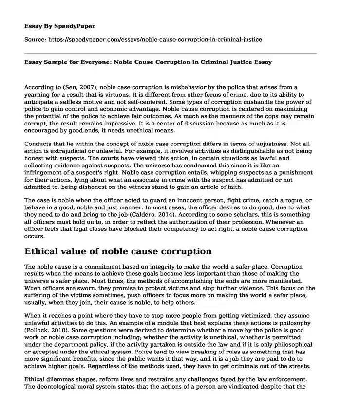 Essay Sample for Everyone: Noble Cause Corruption in Criminal Justice