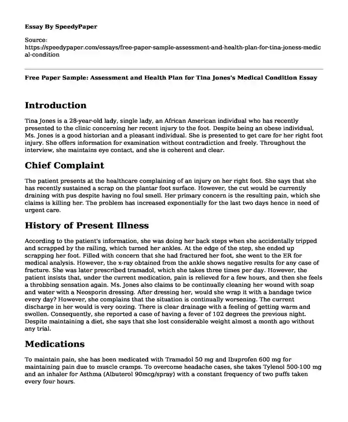 Free Paper Sample: Assessment and Health Plan for Tina Jones's Medical Condition