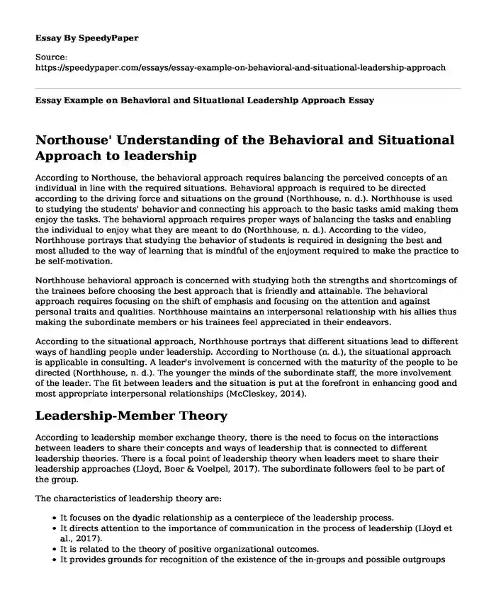Essay Example on Behavioral and Situational Leadership Approach