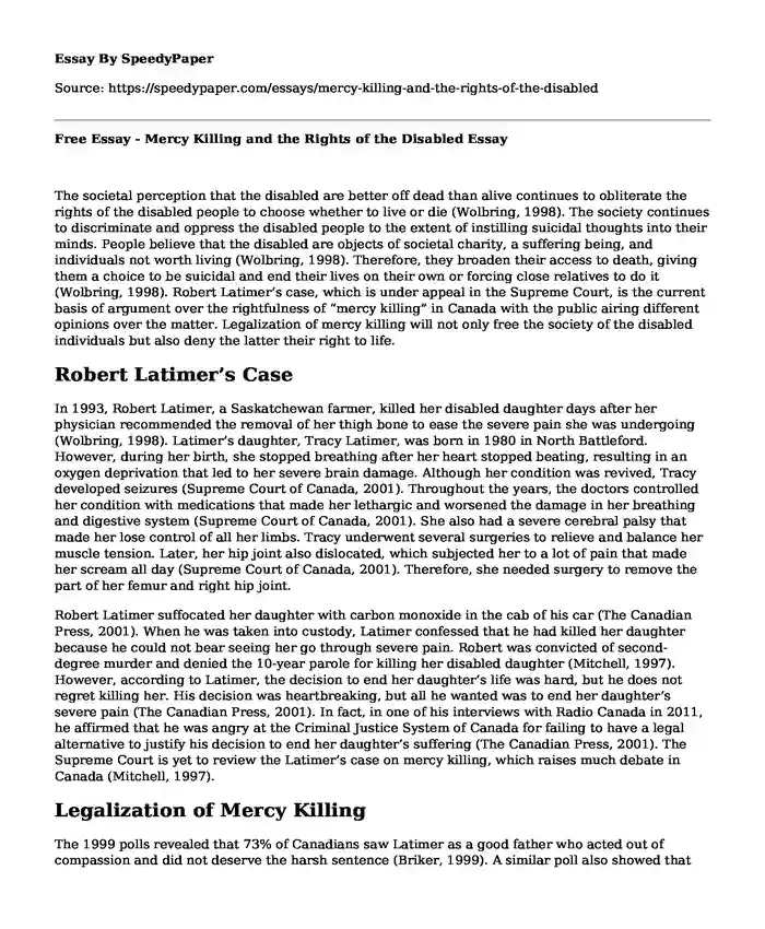 Free Essay - Mercy Killing and the Rights of the Disabled