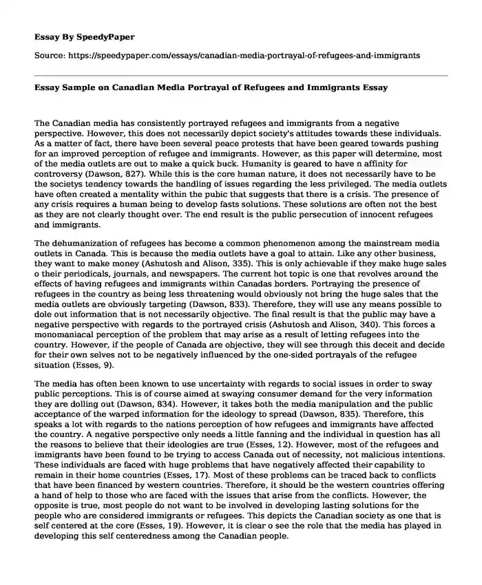 Essay Sample on Canadian Media Portrayal of Refugees and Immigrants