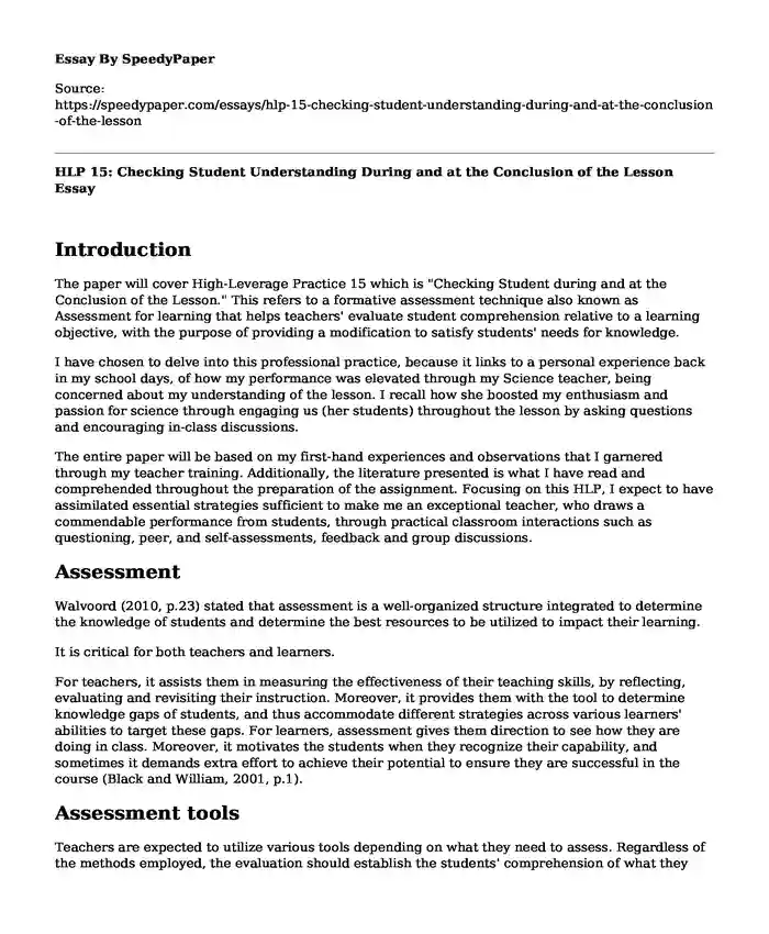 HLP 15: Checking Student Understanding During and at the Conclusion of the Lesson