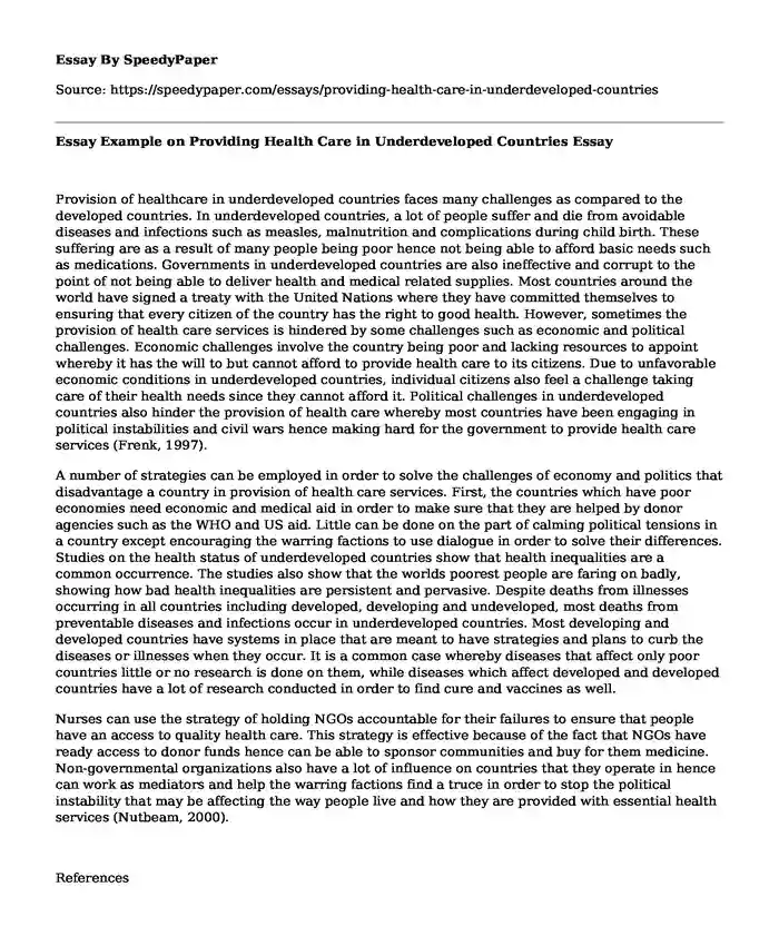 Essay Example on Providing Health Care in Underdeveloped Countries