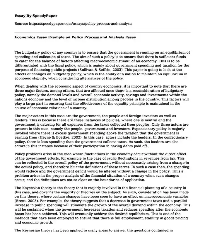 Economics Essay Example on Policy Process and Analysis