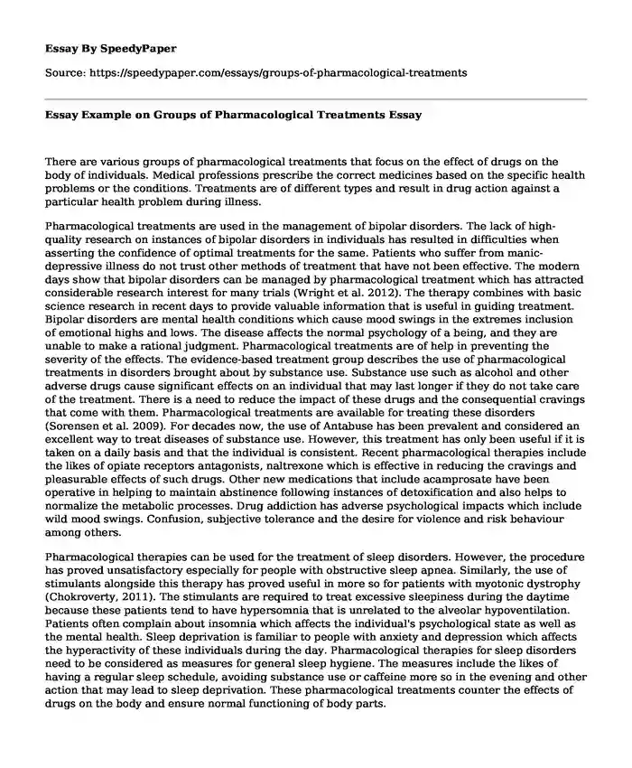 Essay Example on Groups of Pharmacological Treatments
