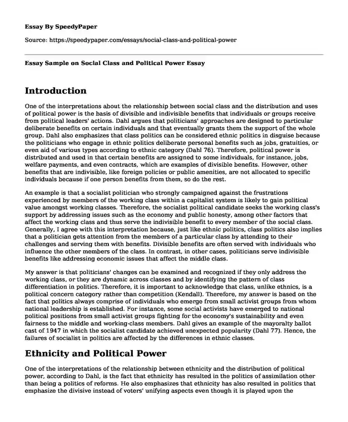 Essay Sample on Social Class and Political Power