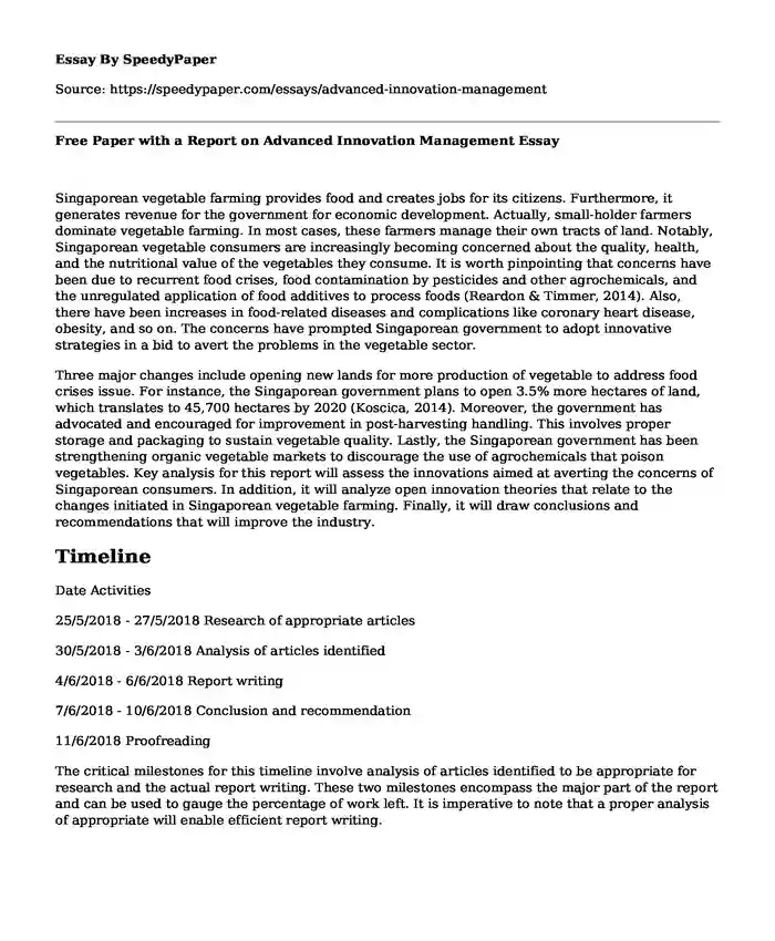 Free Paper with a Report on Advanced Innovation Management