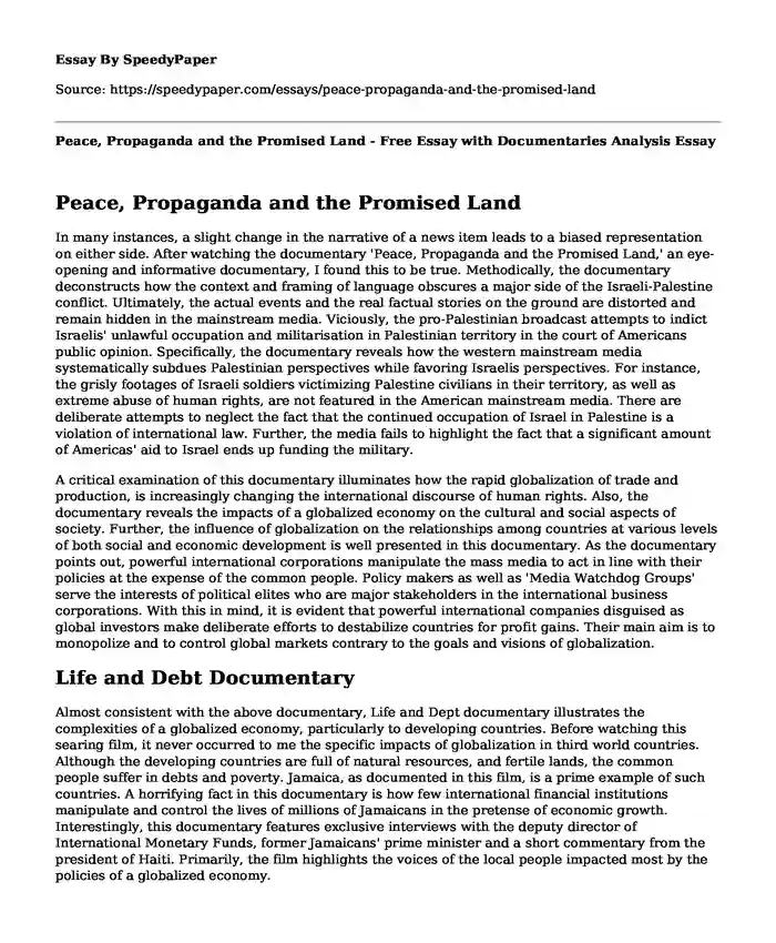 Peace, Propaganda and the Promised Land - Free Essay with Documentaries Analysis