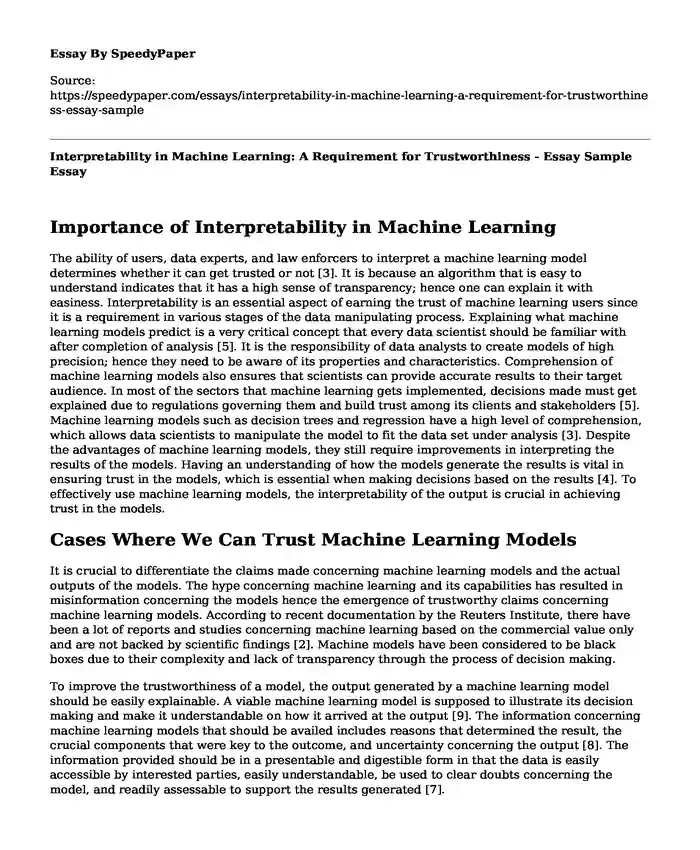 Interpretability in Machine Learning: A Requirement for Trustworthiness - Essay Sample