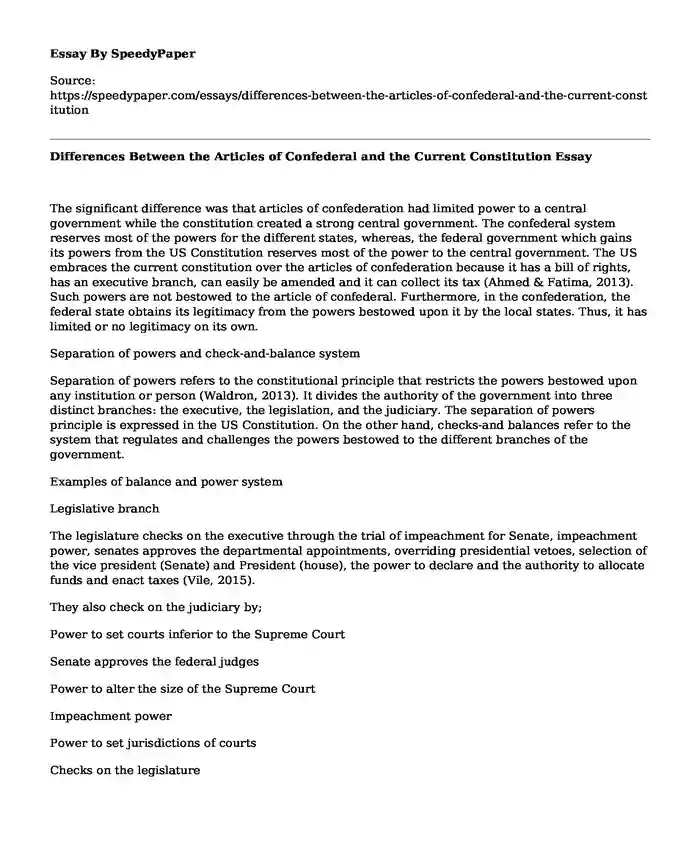 Differences Between the Articles of Confederal and the Current Constitution