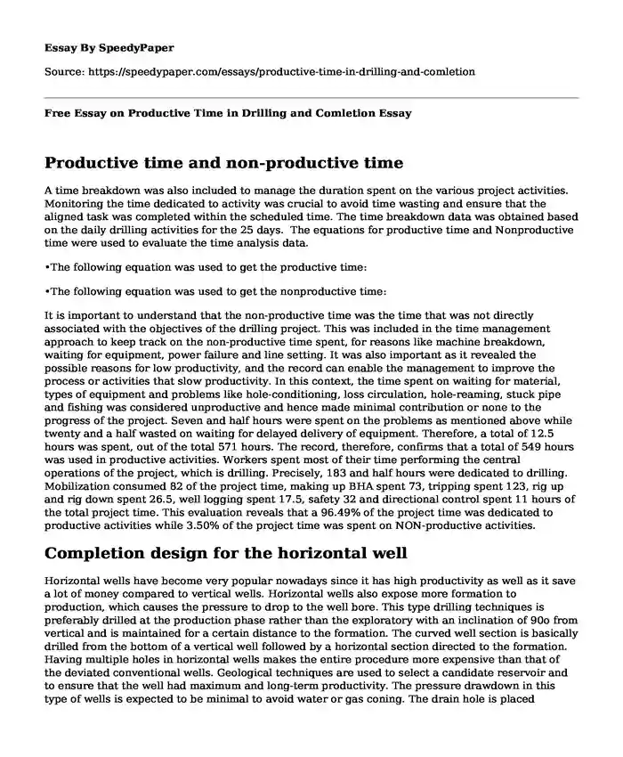 Free Essay on Productive Time in Drilling and Comletion