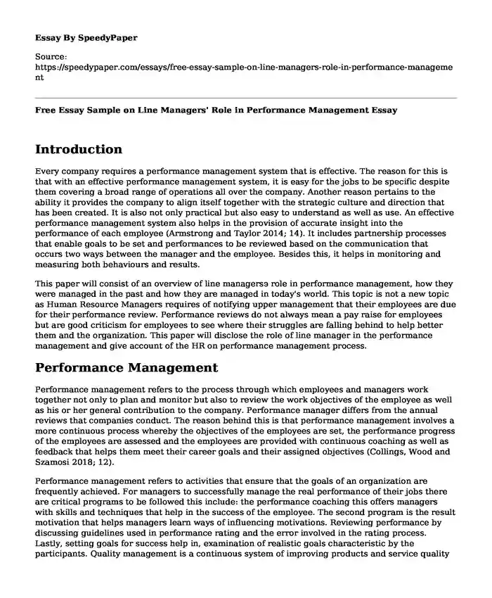 Free Essay Sample on Line Managers' Role in Performance Management