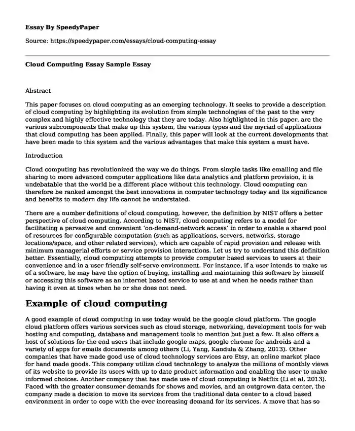 Cloud Computing Essay Sample