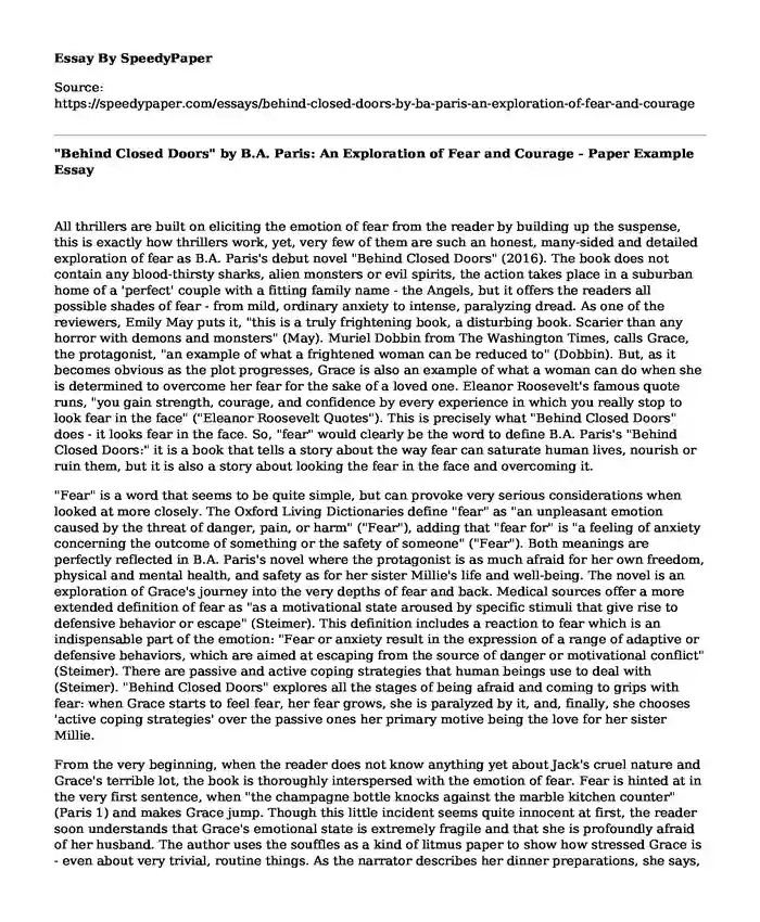 "Behind Closed Doors" by B.A. Paris: An Exploration of Fear and Courage - Paper Example