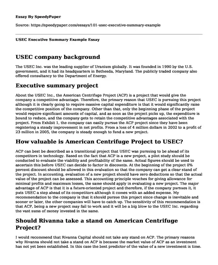 USEC Executive Summary Example