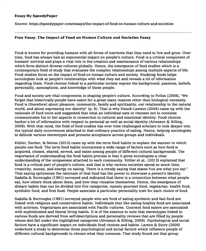 Free Essay. The Impact of Food on Human Culture and Societies