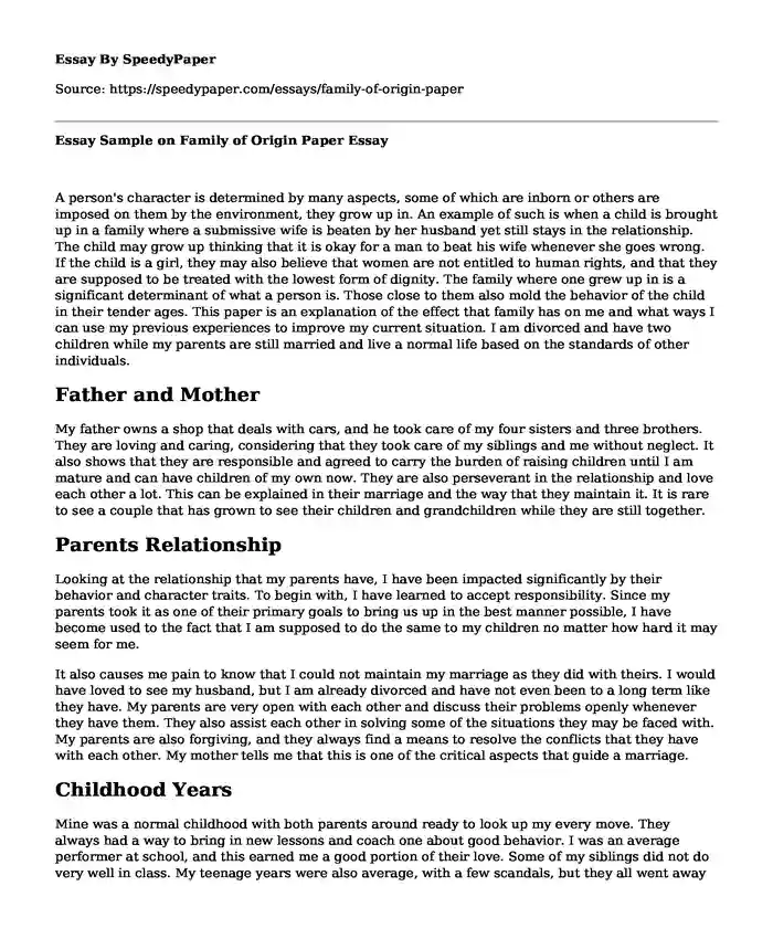 📚 Essay Sample on Family of Origin Paper | SpeedyPaper.com