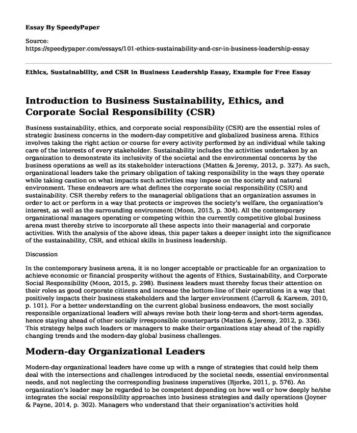 Ethics, Sustainability, and CSR in Business Leadership Essay, Example for Free