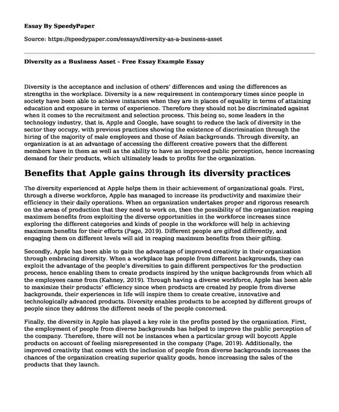 Diversity as a Business Asset - Free Essay Example