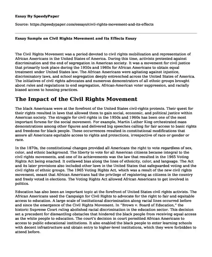Essay Sample on Civil Rights Movement and Its Effects