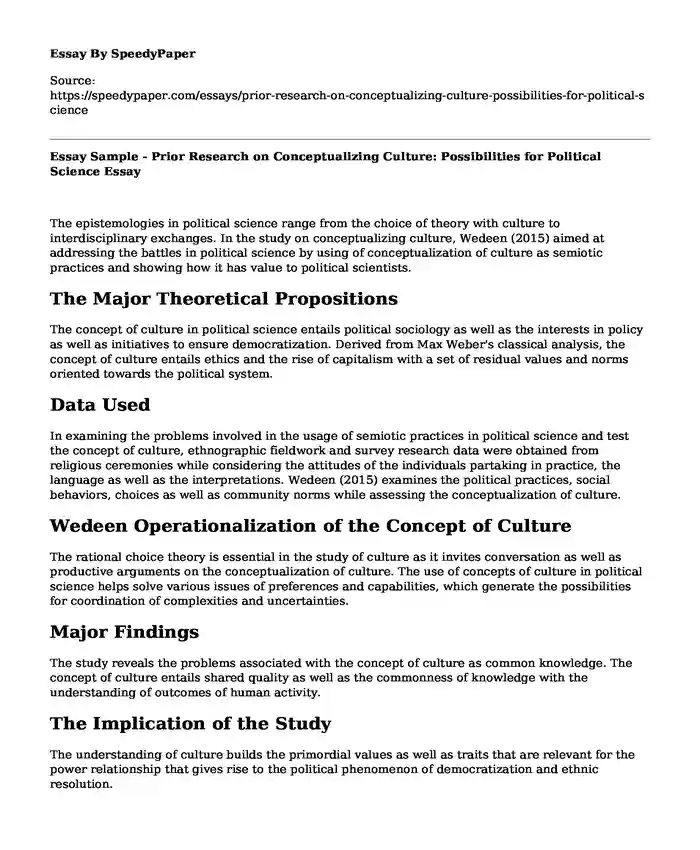 Essay Sample - Prior Research on Conceptualizing Culture: Possibilities for Political Science