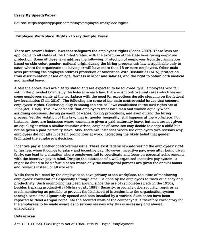  Employee Workplace Rights - Essay Sample