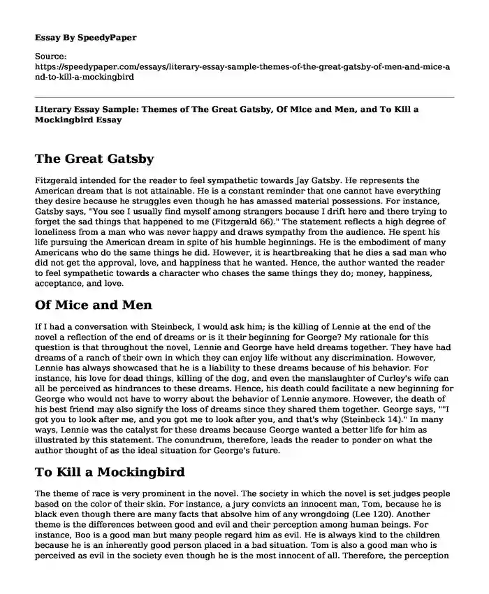 Literary Essay Sample: Themes of The Great Gatsby, Of Mice and Men, and To Kill a Mockingbird