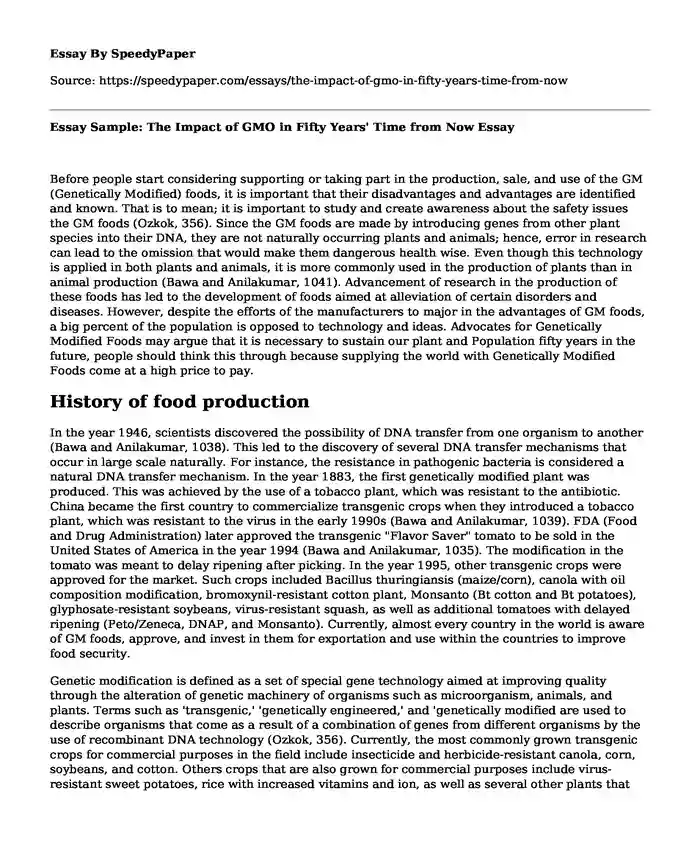 Essay Sample: The Impact of GMO in Fifty Years' Time from Now