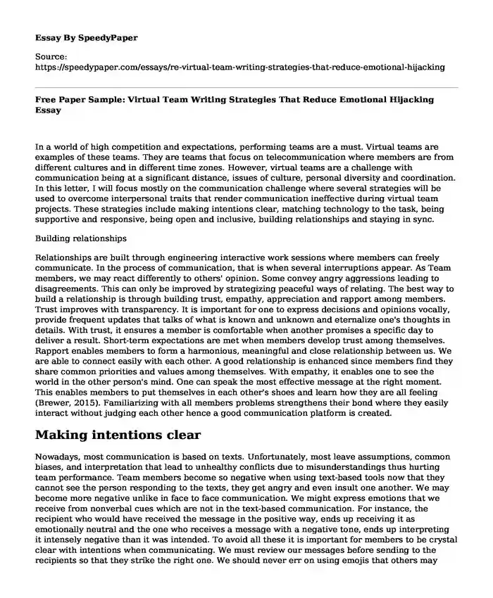 Free Paper Sample: Virtual Team Writing Strategies That Reduce Emotional Hijacking