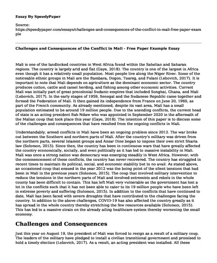 Challenges and Consequences of the Conflict in Mali - Free Paper Example