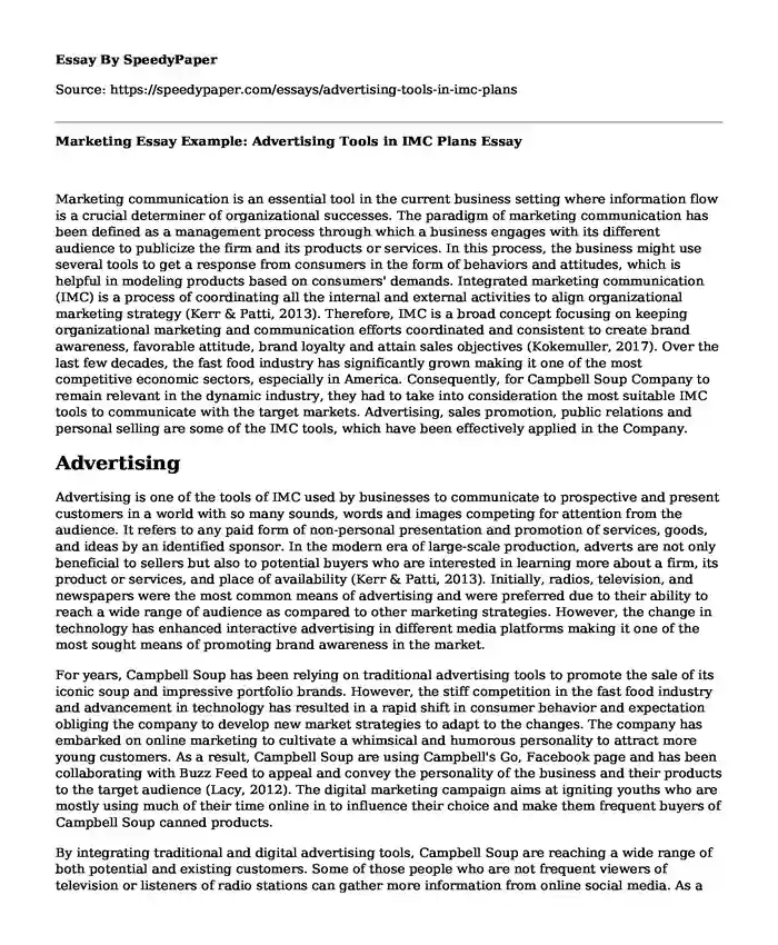 Marketing Essay Example: Advertising Tools in IMC Plans