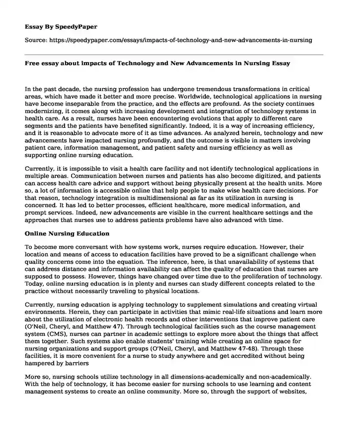 Free essay about impacts of Technology and New Advancements in Nursing